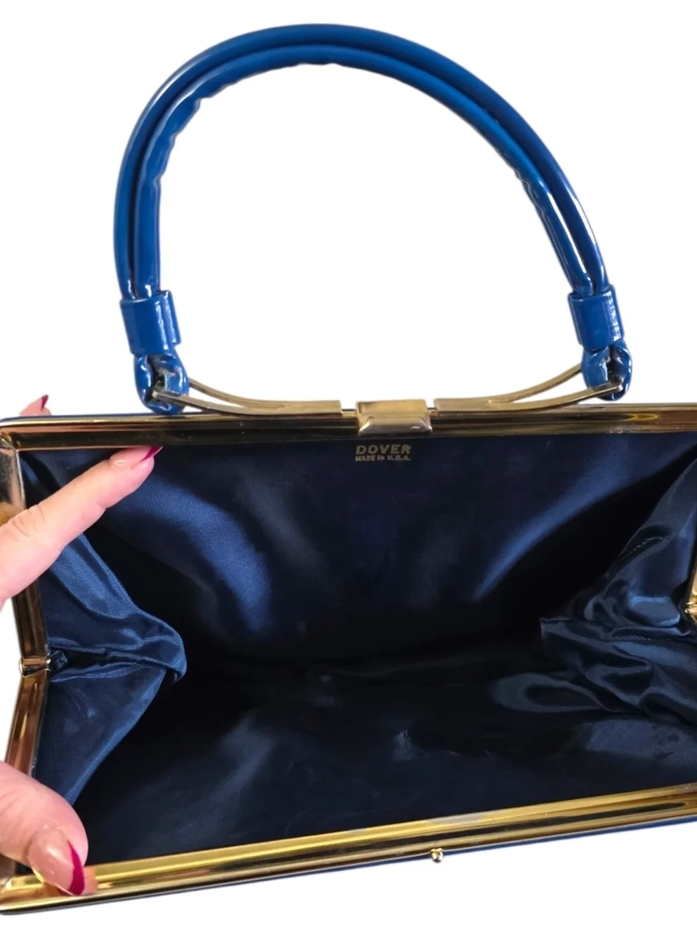 Vintage 1960s Dover Royal Blue Patent Leather Satchel Rare Structured Handle Top